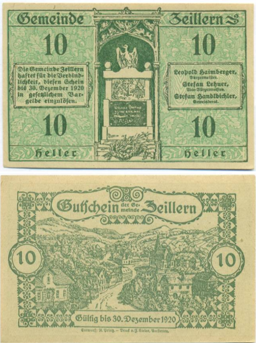 Австрия 10 геллеров 1920 Цайллерн aUNC