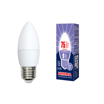 LED-C37-9W-DW-E27-FR-NR Лампа светодиодная. Форма свеча. матовая. Серия Norma. Дневной белый свет 6500K. Картон. ТМ Volpe