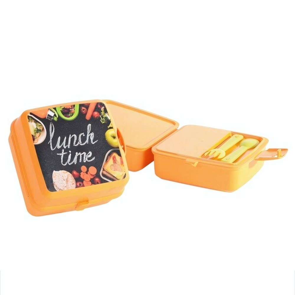 Ланч-бокс &quot;Bento&quot; со столовыми приборами оранжевый с рисунком &quot;Lunch Time&quot;