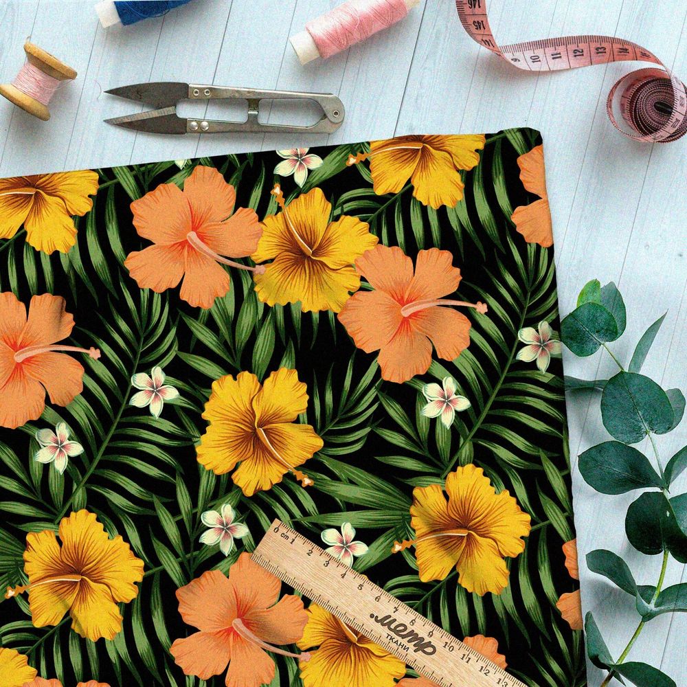 Ткань таффета крупные жёлтые цветы и яркий папоротник