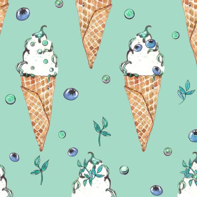 Мятный фон с мороженым, голубикой и посыпкой