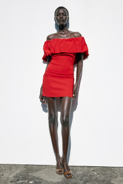 ZARА МИНИ-ПЛАТЬЕ С ВОЛАНОМ, КРАСНЫЙ