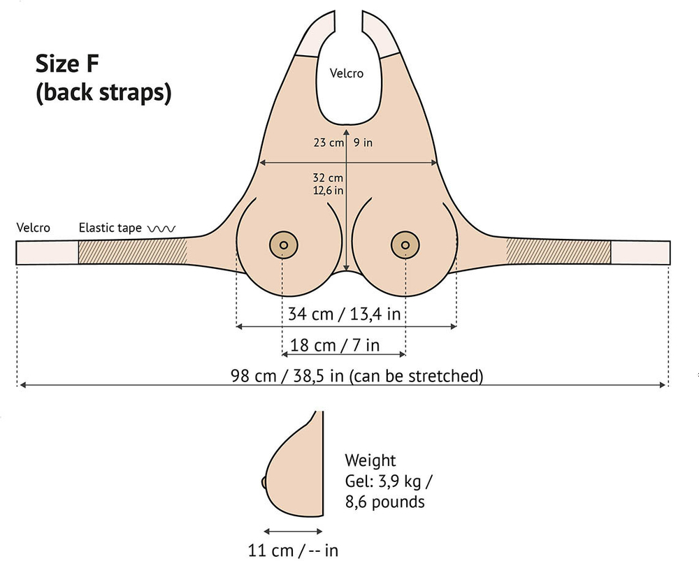 Силиконовая накладная грудь, Размер F (5Й) на обхват 90-110 см с застежками на шее и за спиной
