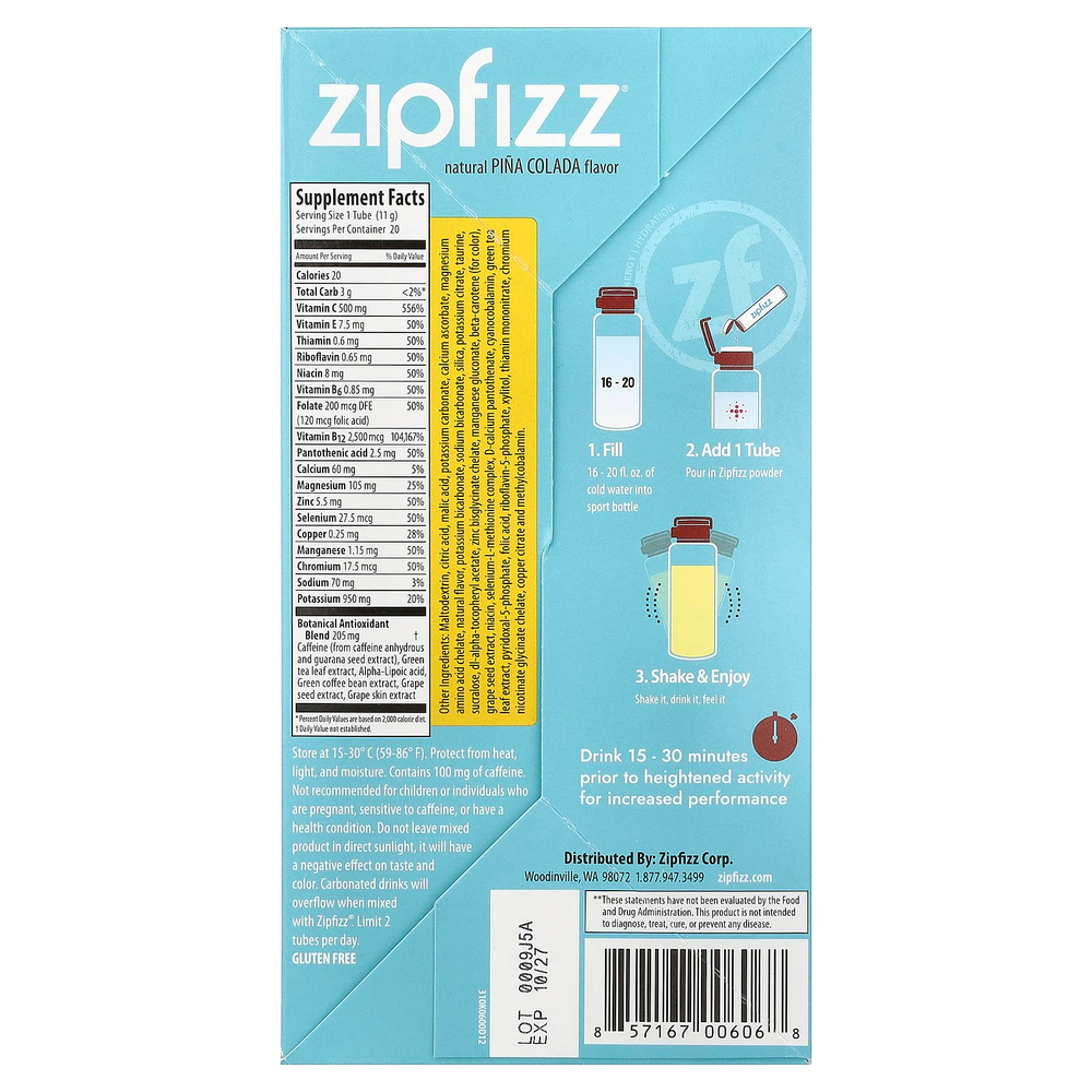 Zipfizz, смесь для энергетического напитка, пина колада, 20 тюбиков по 11 г (0,39 унции)