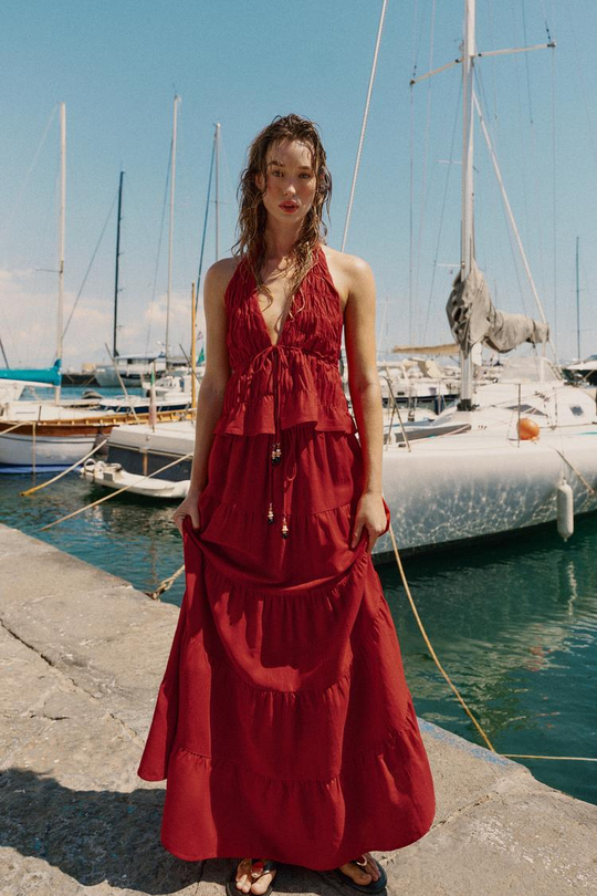 ZARA ЮБКА МИДИ ИЗ ЛЬНА СО СБОРКАМИ, ГРАНАТОВЫЙ