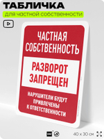 Табличка для частной территории "Частная собственность, разворот запрещен", на дом, для участка, организаций, предупреждающая, 40х30 см, Silver Plane x Айдентика Технолоджи