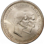 Denmark, 10 Kroner, 1967 – Commemorating the Marriage of Princess Margrethe. Silver Coin, AU