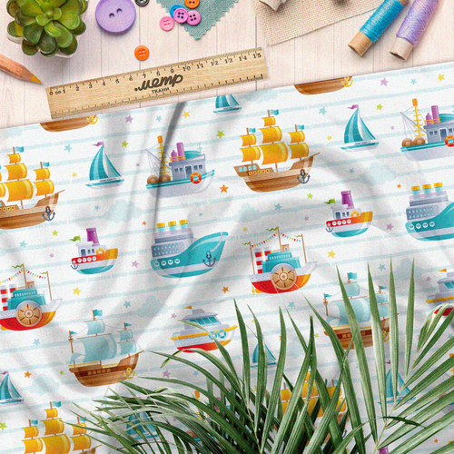 Ткань таффета детские кораблики на белом фоне