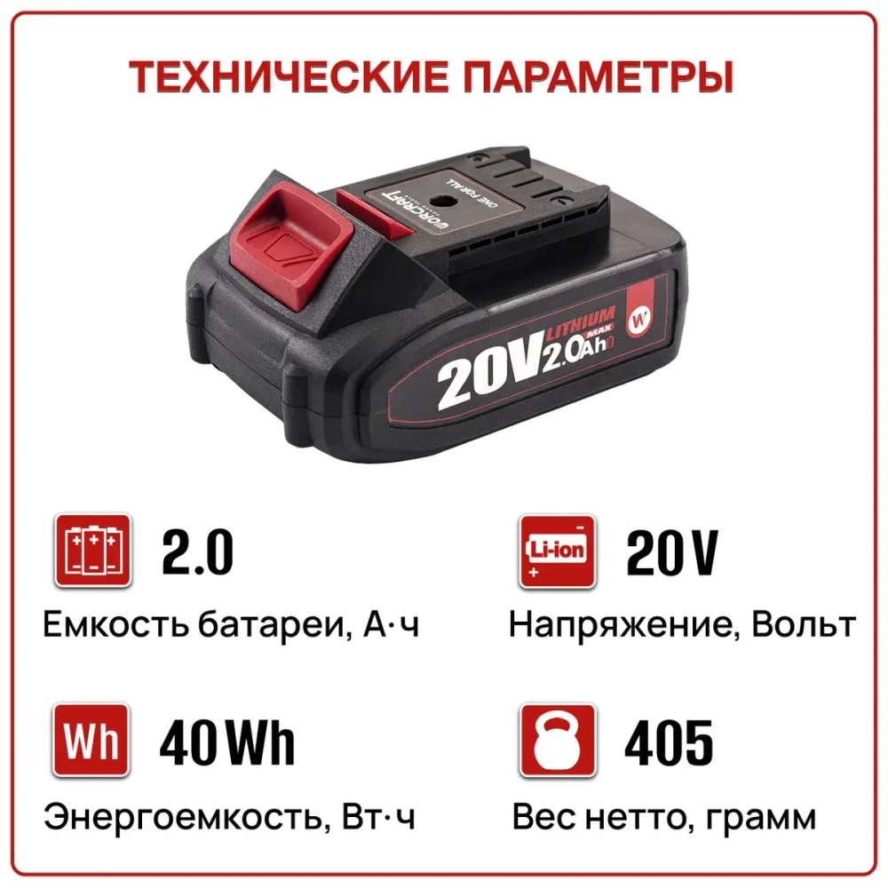 Аккумулятор переносной литий-ионный для шуруповерта и электроинструмента 20V Li-ion, 2.0Ah. WORCRAFT