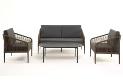 "Канны" лаунж-зона 4-местная из роупа со столом "Верона" (серый гранит), каркас алюминиевый коричневый, роуп коричневый