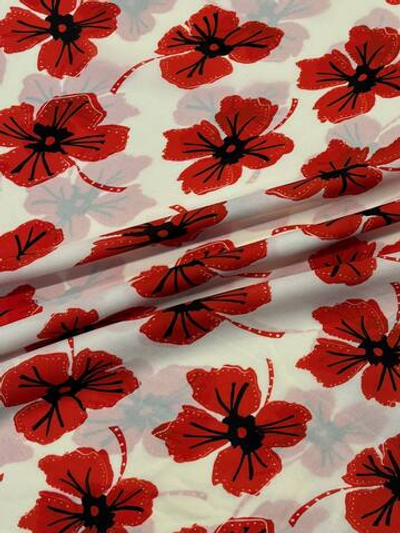 Шелк креп песочный с красными цветами