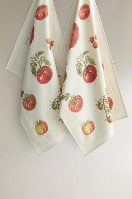 ZARA HOME ПОЛОТЕНЦЕ С РИСУНКОМ ТОМАТОВ 2ШТ, ЭКРЮ
