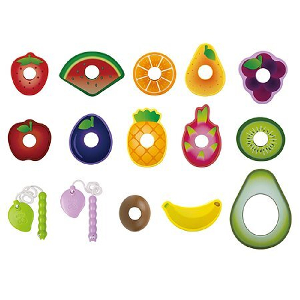 Игрушка деревянная шнуровка для детей "Веселые гусеницы" (14 предметов - шнурки и фрукты)
