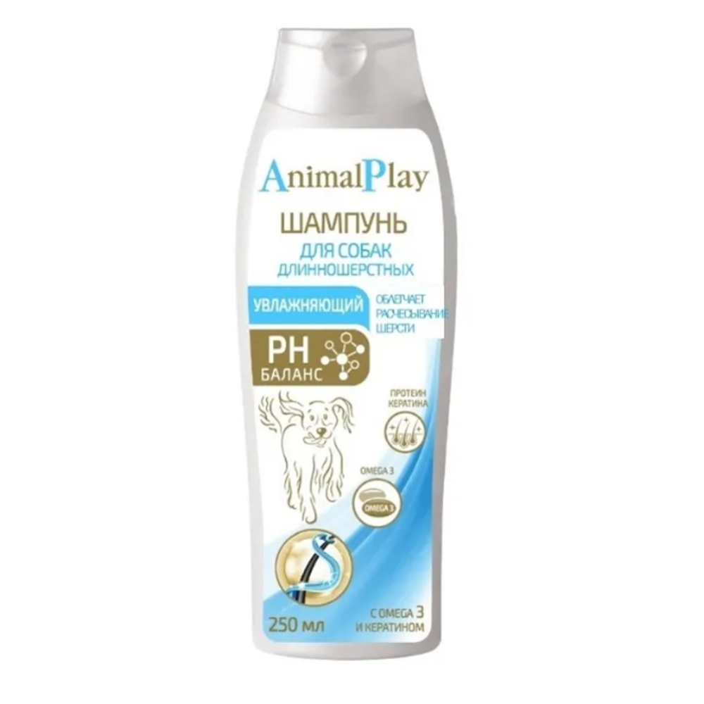 Animal play увлажняющий 250 мл шампунь для длинношерстных собак с omega 3 и кератином