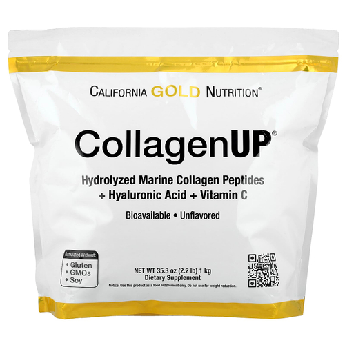 California Gold Nutrition, CollagenUP®, гидролизованные пептиды морского коллагена с гиалуроновой кислотой и витамином C, с нейтральным вкусом, 1 кг (2,2 фунта)