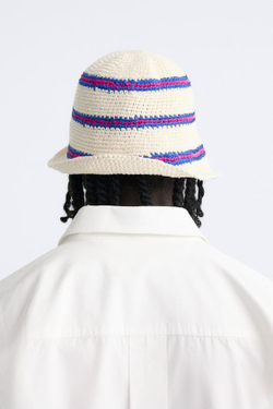 ZARA ШЛЯПА ИЗ КРУЖЕВА КРОШЕ В ПОЛОСКУ, ЭКРЮ