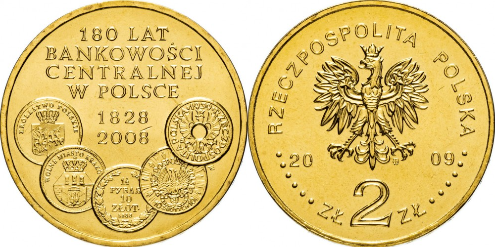 Польша 2 злотых, 2009 180 лет центральному банку Польши aUNC