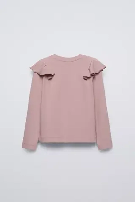 ZARA ФУТБОЛКА В РУБЧИК С ВОЛАНОМ, РОЗОВЫЙ