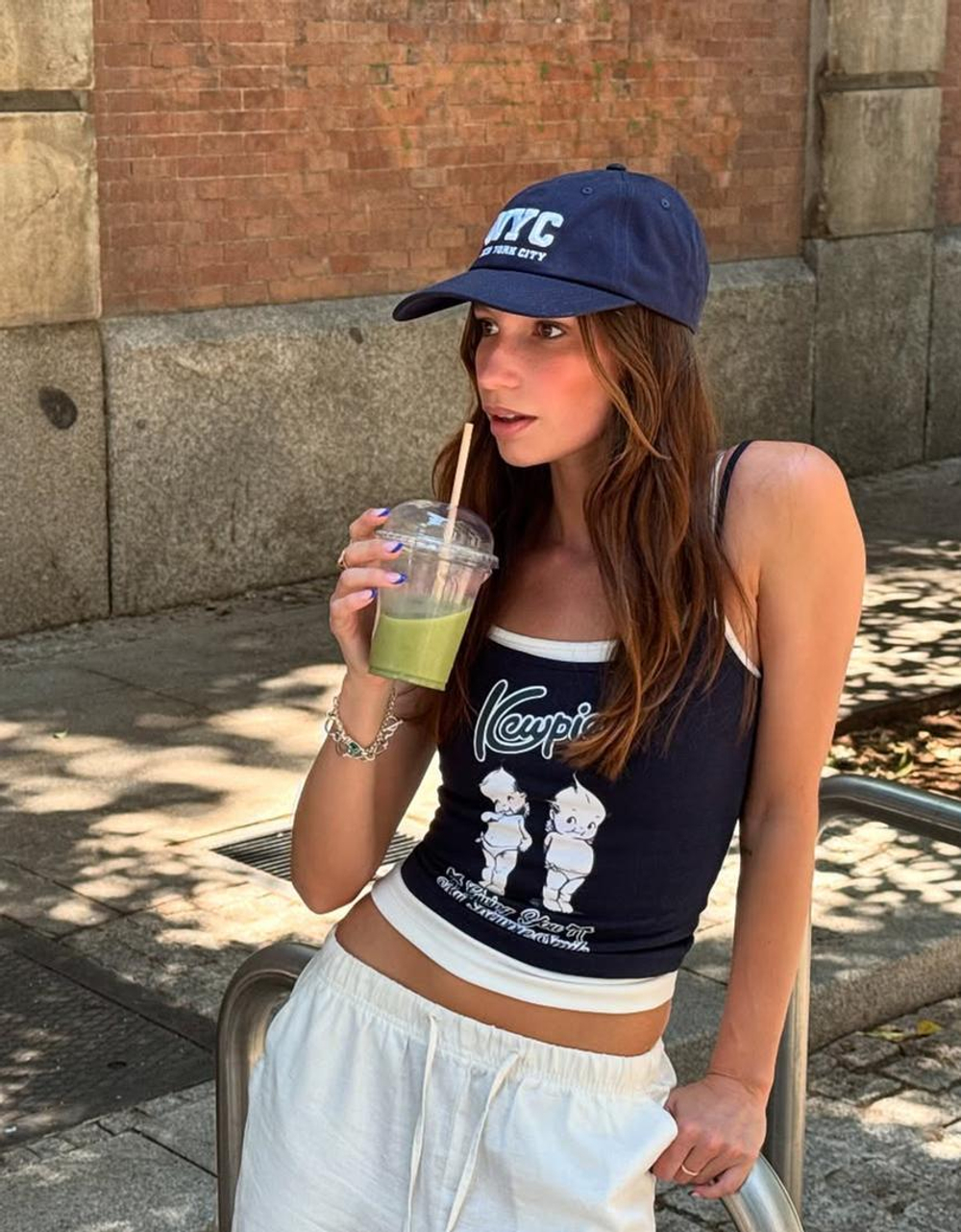 BERSHKA Топ с принтом Kewpie, темно-синий