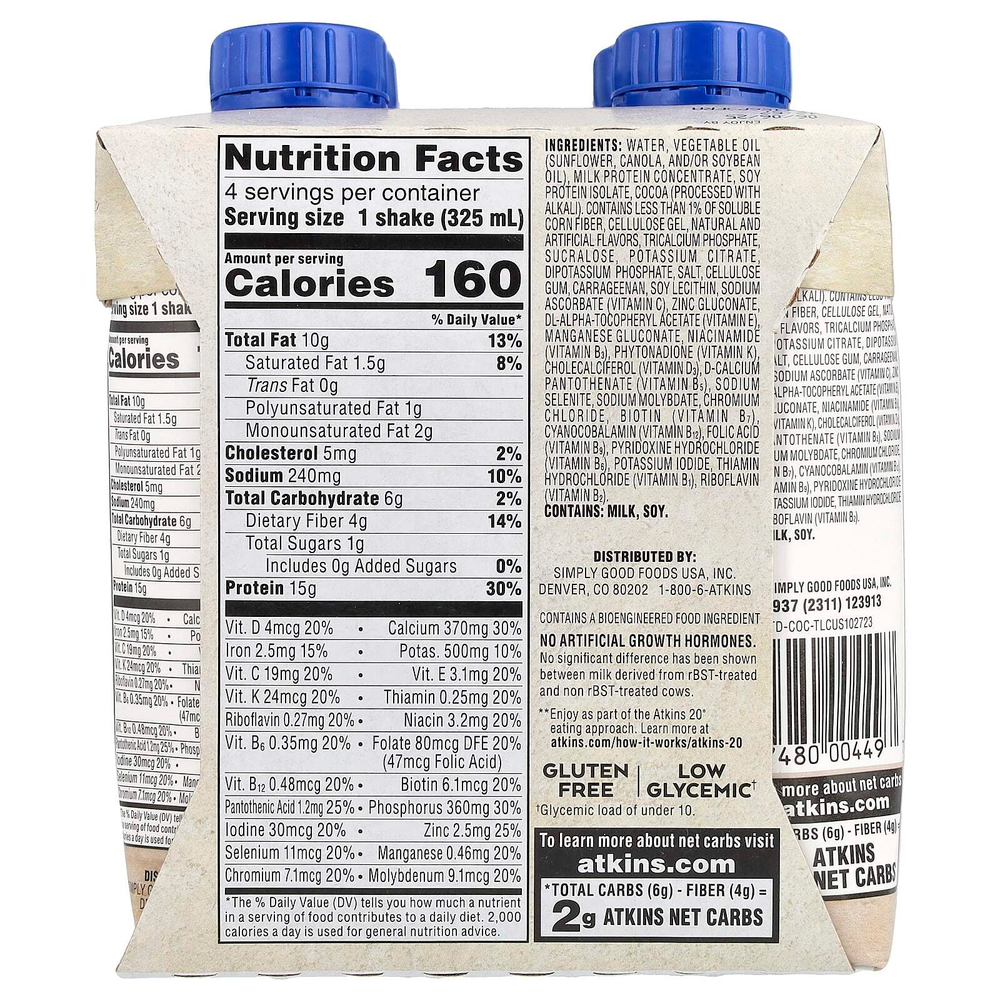 Atkins, Насыщенный протеином коктейль, сливочный шоколад и кокос, 4 коктейля, по 325 мл (11 жидк. унц.)