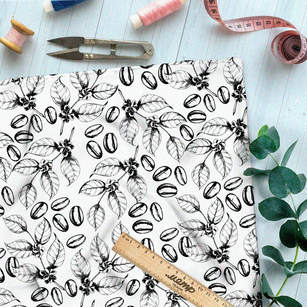 Ткань штапель эскиз кофейных листьев и зёрен
