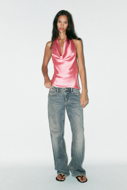 ZARA АТЛАСНЫЙ ТОП С ГОРЛОВИНОЙ ХАЛТЕР, ЯРКО-РОЗОВЫЙ