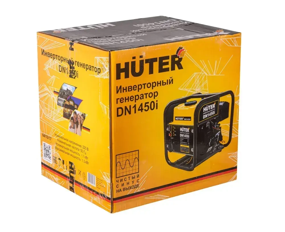 Инверторный генератор Huter DN 1450i (1300 Вт, вес 12,5 кг, Ручной стартер, 2л бензобак)