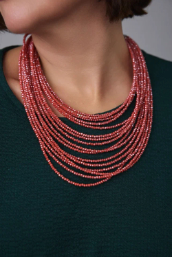 Колье каскад "Венеция, оттенок рябина, венец.стекло, натур.кожа