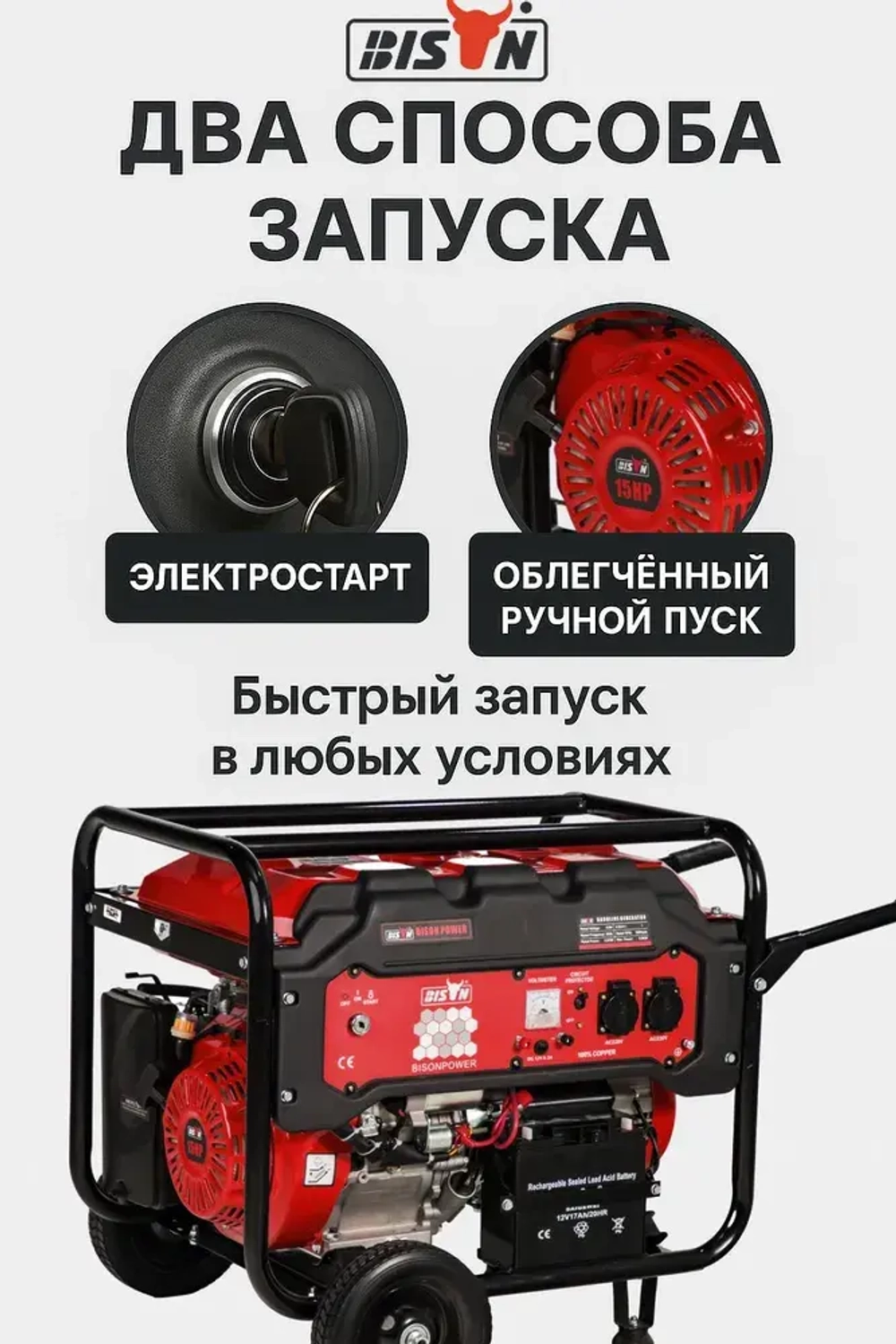 Бензиновый генератор электростанция 5.5кВт BISON BS6500EP с электростартером