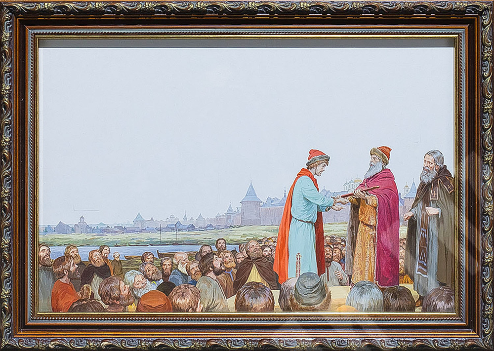 Гордеев Д. Д. (1964г.). Передача меча. Иллюстрация к книге "Александр Невский". Бумага, гуашь.