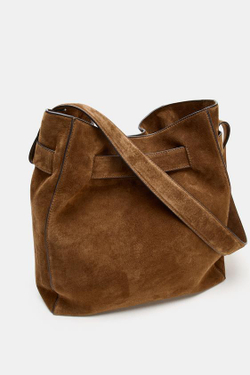 ZARA КОЖАНАЯ СУМКА-МЕШОК С ДЕКОРАТИВНЫМ РЕМНЕМ, КОРИЧНЕВЫЙ