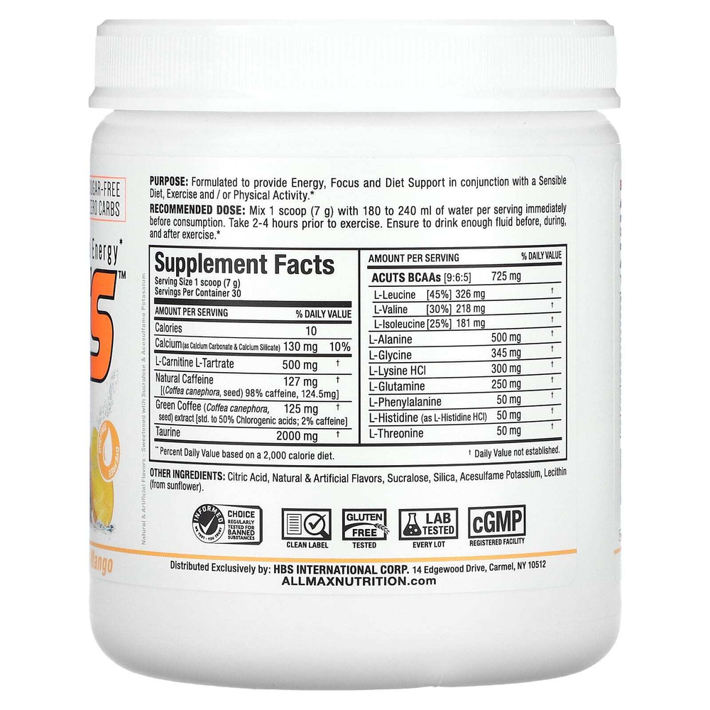ALLMAX, ACUTS™, аминокислотная добавка, со вкусом персика и манго, 210 г (7,4 унции)