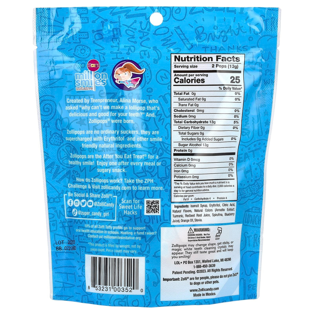 Zollipops, леденцы для чистки зубов со вкусом фруктов, прибл. 13–15 леденцов, 88 г (3,1 унции)