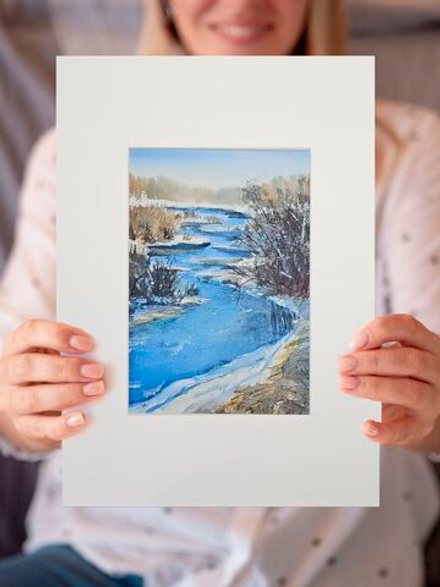 Картина авторская акварельная в паспарту 21х30 см на стену для интерьера "Орша в начале марта"