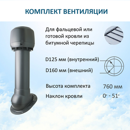 Колпак D160, вент. выход утепленный высотой H-700, для скатной кровли, серый