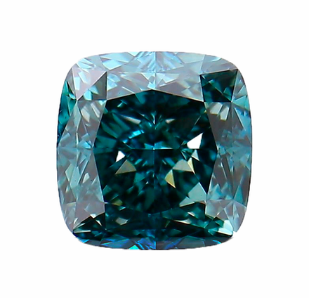 Лабораторно-выращенный бриллиант кушон 5.72 х 5.70 х 3.67 мм Fancy VIVID BLUISH GREEN/VS1 1.10 ct