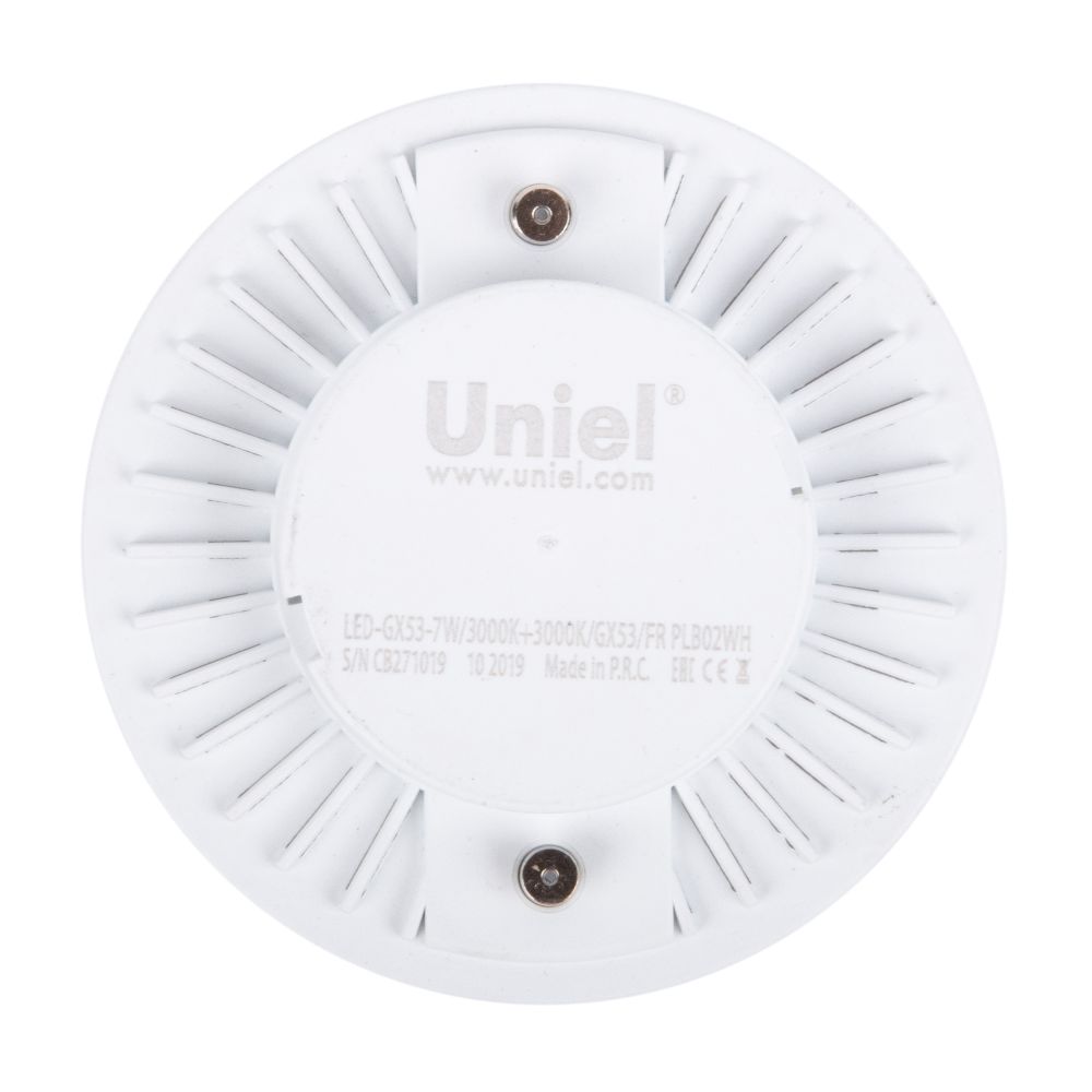 LED-GX53-7W-3000K+3000K-GX53-FR PLB02WH Лампа светодиодная. матовая. Теплый белый свет 3000K. Торцевая подсветка. Теплый белый свет 3000K. Картон. ТМ Uniel.