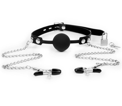 Кляп с зажимами на соски черный