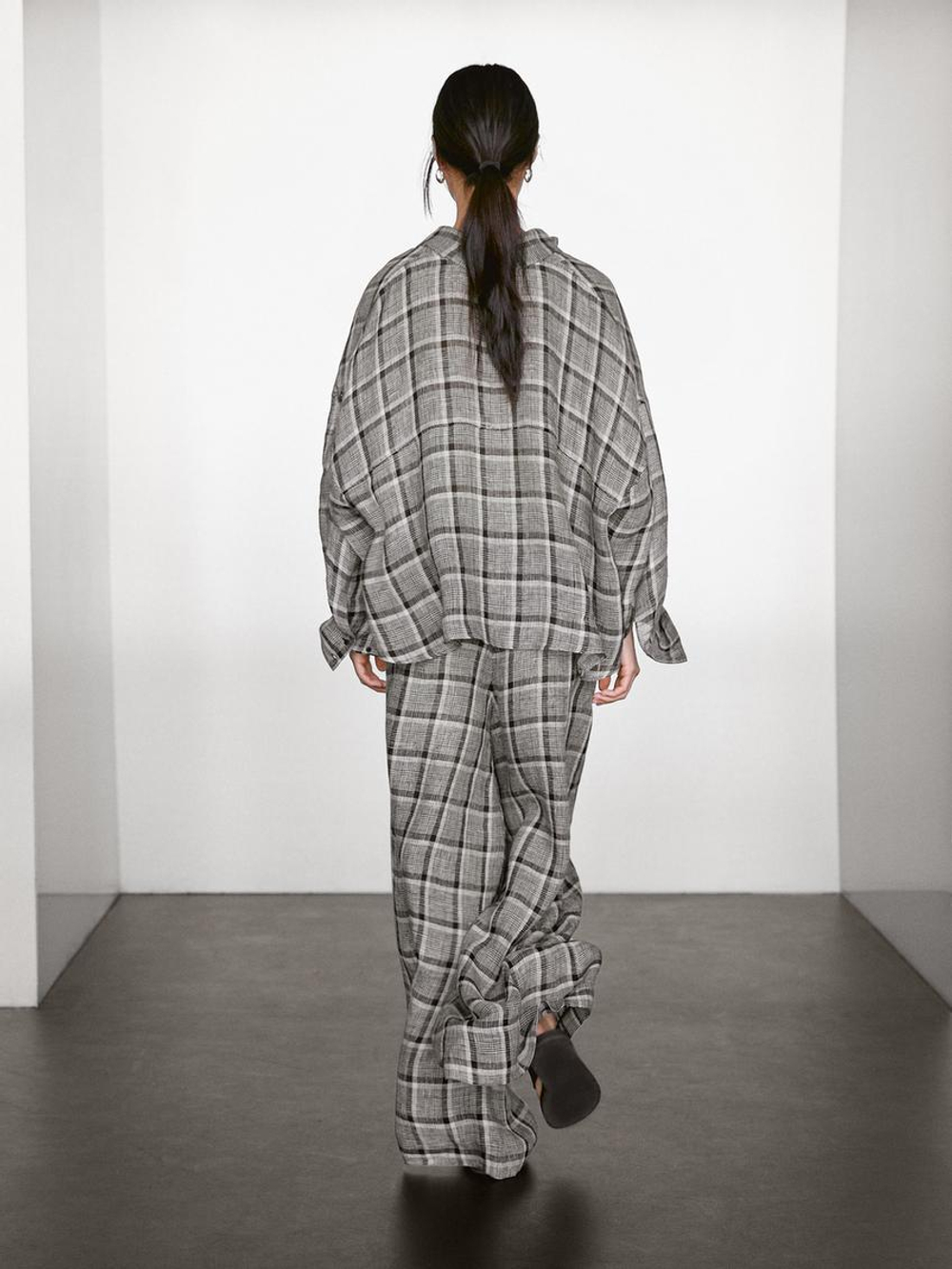 Massimo Dutti Рубашка из 100% льна в клетку, серый