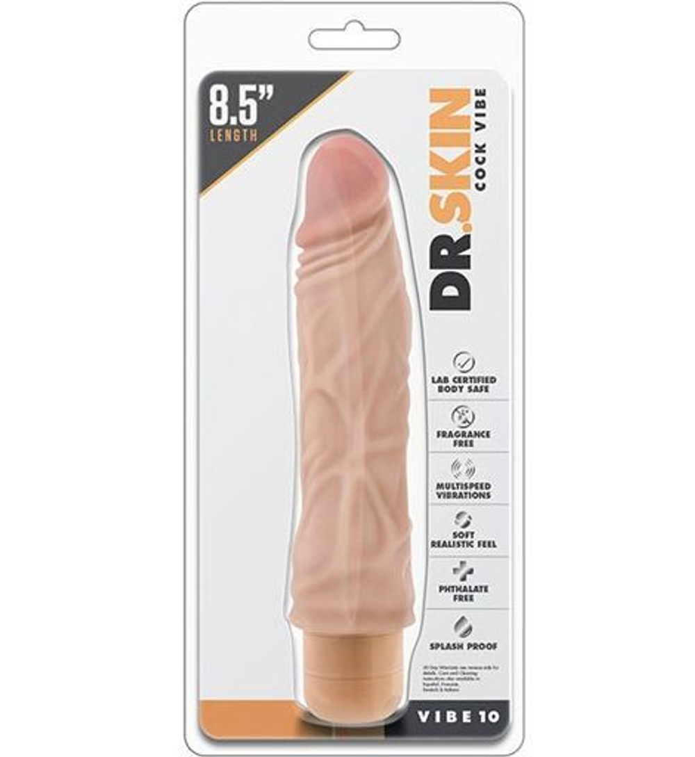 Blush Novelties Dr. Skin Cock Vibe 10 – телесный вибратор-реалистик с рельефом и мультискоростной вибрацией, 21,6 × 4,4 см