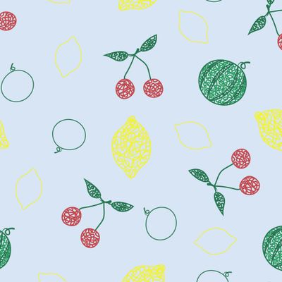 Вишня, арбуз, лимон в стиле детского рисунка на голубом фоне.