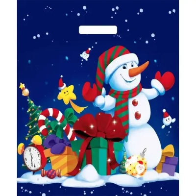 Пакет ПЭ с вырубной ручкой 38+3см(Снеговичок с подарками) НГ, г (комплект 25 шт)