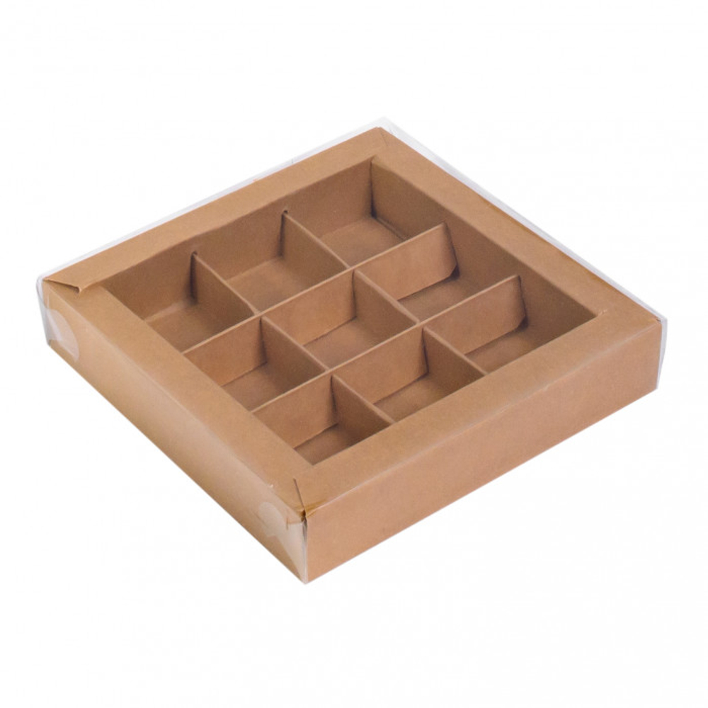 Коробка для конфет 9 шт с пластиковой крышкой 155*155*30 мм (крафт)