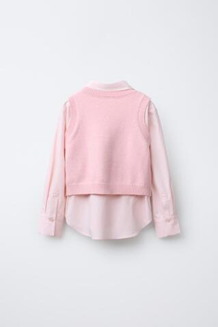 ZARA РУБАШКА ИЗ ПОПЛИНА С ЖИЛЕТОМ СО СТРАЗАМИ, ПАСТЕЛЬНО-РОЗОВЫЙ