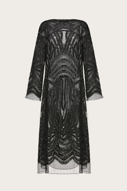 ПЛАТЬЕ ИЗ ЧЕРНОГО КОРДОВОГО КРУЖЕВА, ДЕКОРИРОВАННОЕ ПАЙЕТКАМИ