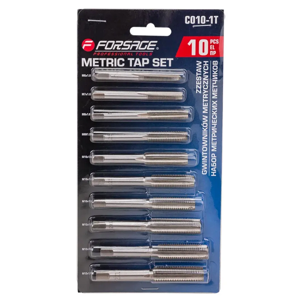 Набор метчиков метрических 10пр.(М6х1.0, М7х1.0, М8х1.0/1.25, М10х1.0/1.25/1.5, М12х1.25/1.5/1.75), в блистере Forsage F-C010-1T