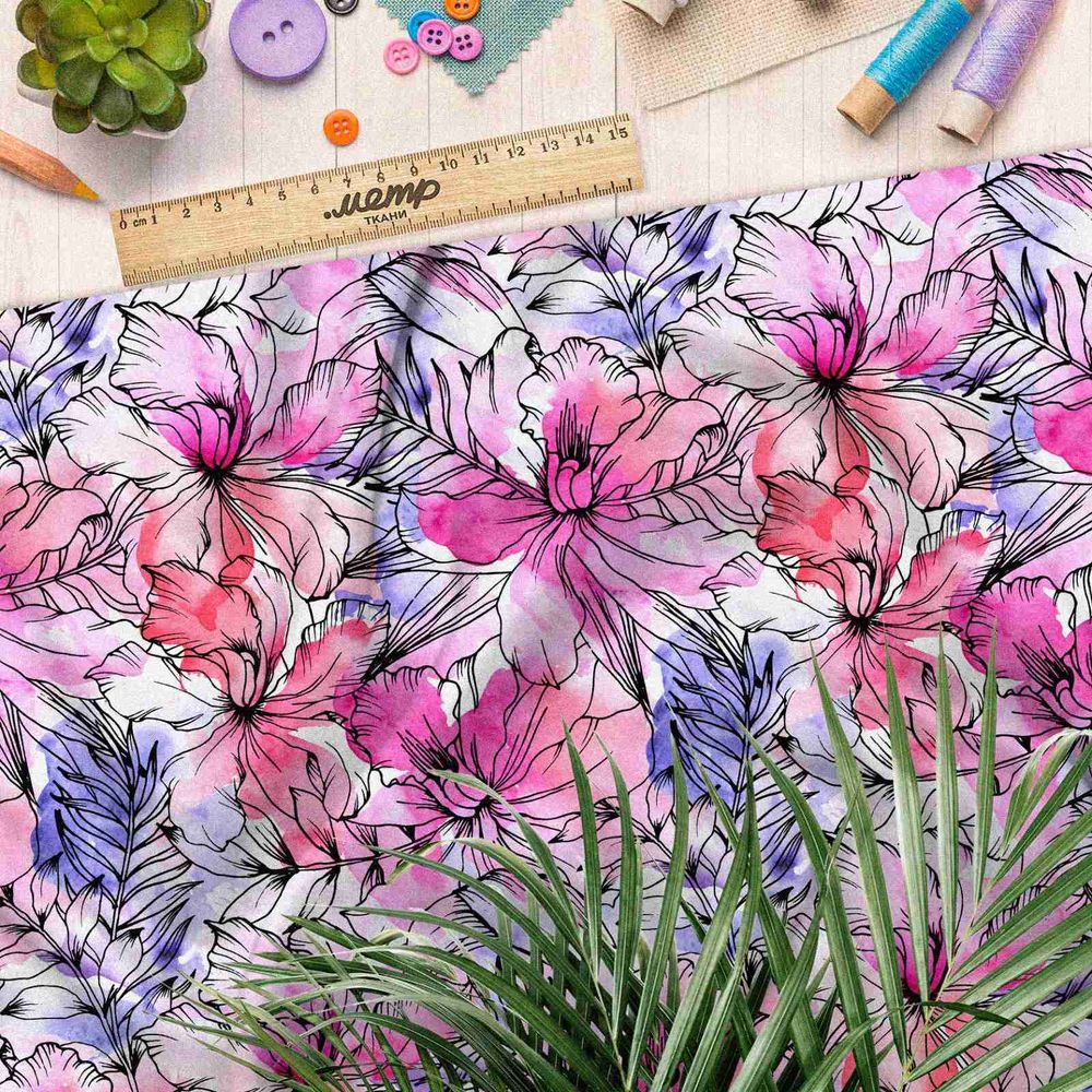 Ткань кулирная гладь розовые очертания цветов