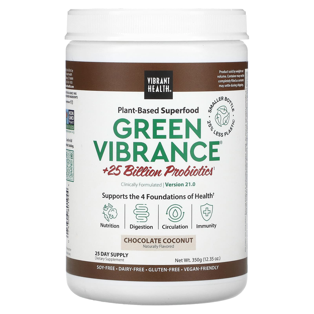 Vibrant Health, Green Vibrance® +25 млрд пробиотиков, версия 21.0, со вкусом шоколада и кокоса, 350 г (12,35 унции)