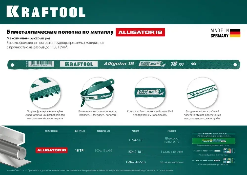 Полотно для ножовки по металлу, биметалл, 300 мм, KRAFTOOL Alligator-18, 18 TPI