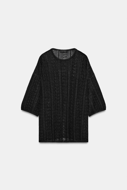 ZARA ТРИКОТАЖНЫЙ ТОП С АЖУРНЫМ УЗОРОМ И РАЗРЕЗАМИ, ЧЕРНЫЙ
